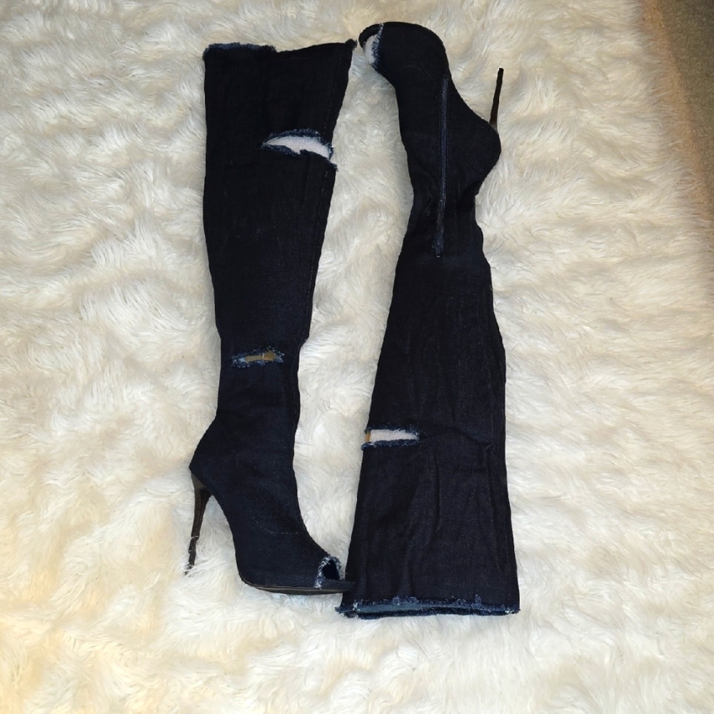 Stylish Dark Blue Denim Over-the-Knee Boots